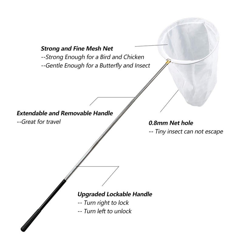RESTCLOUD Professional Insect and Butterfly Net with 14" Ring, 26" Net Depth, 59" Telescopic Handle Full Extends to 73" Stainless Lockable - Image 3